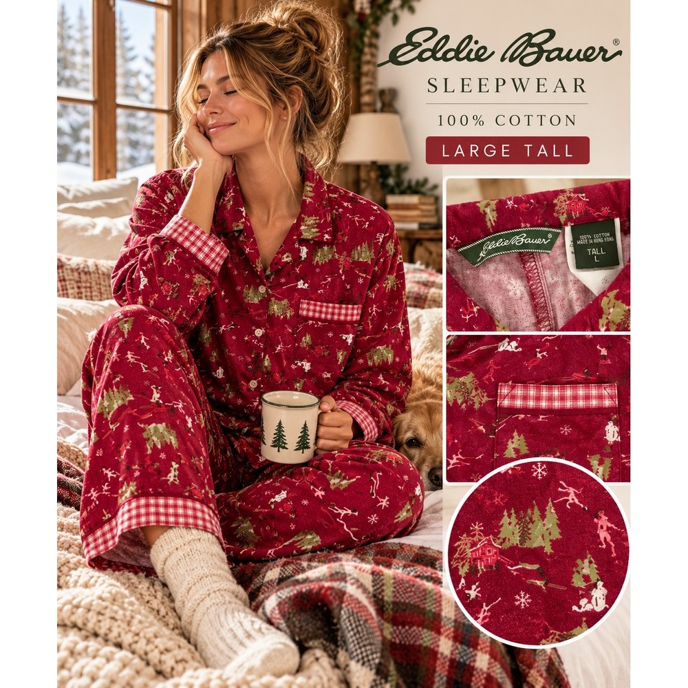 Eddie Bauer Large Tall Christmas Pajama Set 100% Cotton Ski Lodge Winter